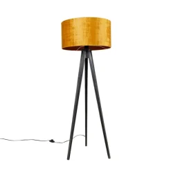 Vloerlamp tripod zwart met kap goud 50 cm - Tripod Classic