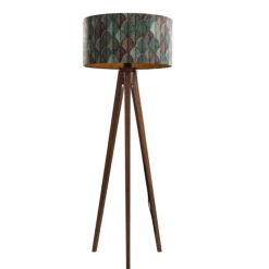 Vloerlamp walnoot hout met velours lampenkap blad dessin 50cm - Tripod Classic