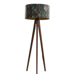 Vloerlamp walnoot hout met velours lampenkap blad dessin 50cm - Tripod Classic