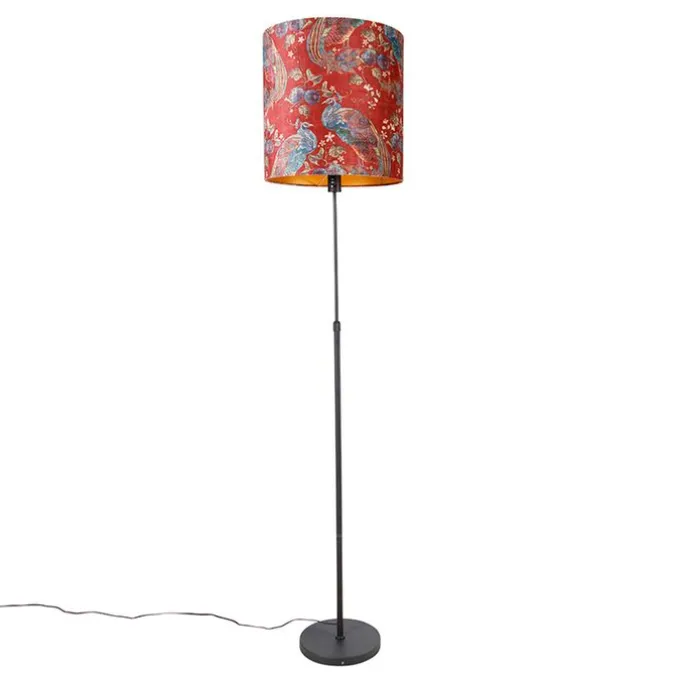 Vloerlamp zwart kap pauw dessin rood 40 cm - Parte