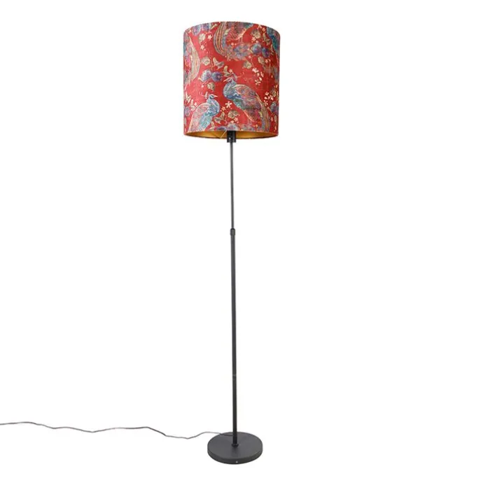 Vloerlamp zwart kap pauw dessin rood 40 cm - Parte