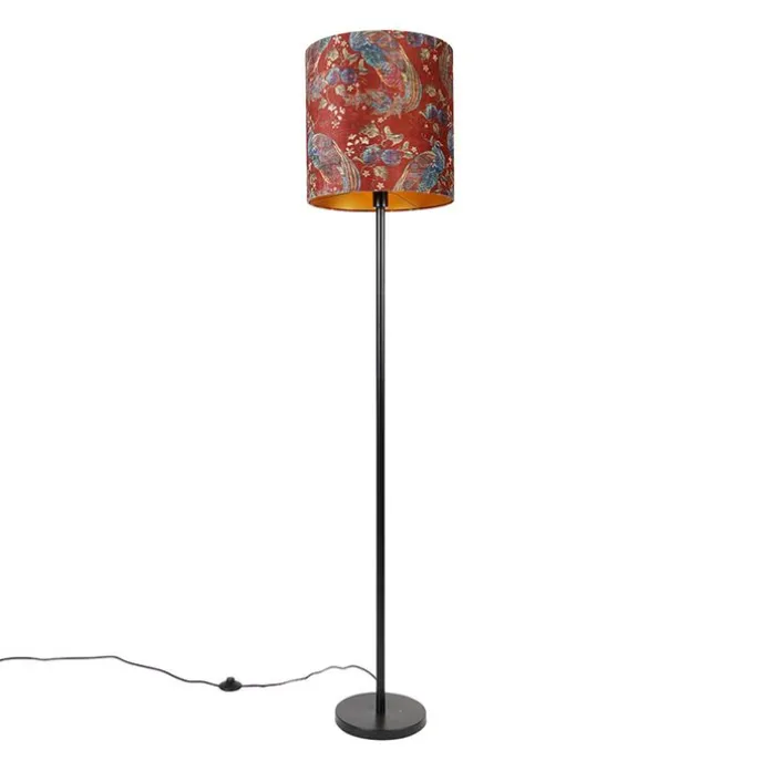 Vloerlamp zwart kap pauw dessin rood 40 cm- Simplo