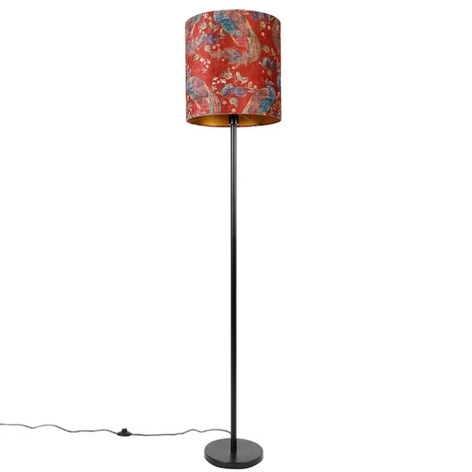 Vloerlamp zwart kap pauw dessin rood 40 cm- Simplo