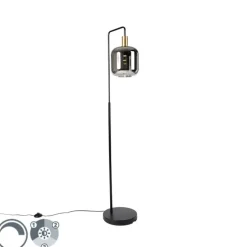 Vloerlamp zwart met goud en smoke glas incl. PUCC - Zuzanna
