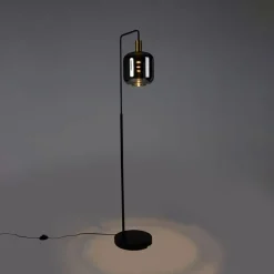Vloerlamp zwart met goud en smoke glas incl. PUCC - Zuzanna