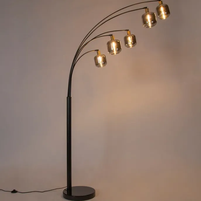 Vloerlamp zwart met goud met smoke glas 5-lichts - Zuzanna