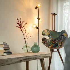 Vloerlamp zwart met koper 3-lichts - Mesh