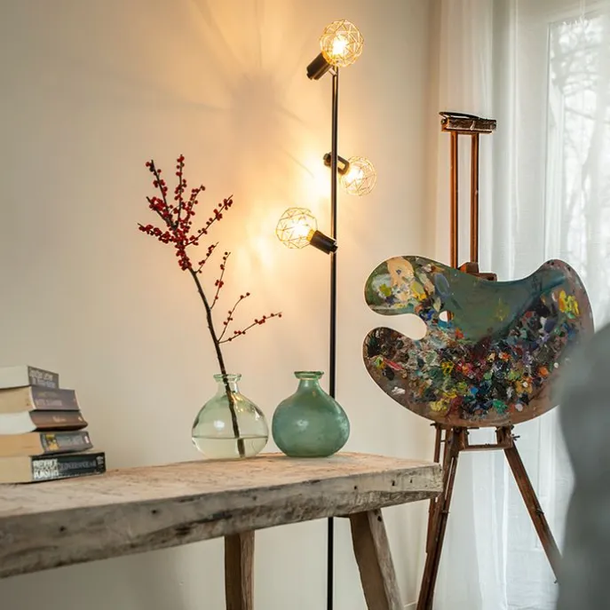 Vloerlamp zwart met koper 3-lichts - Mesh