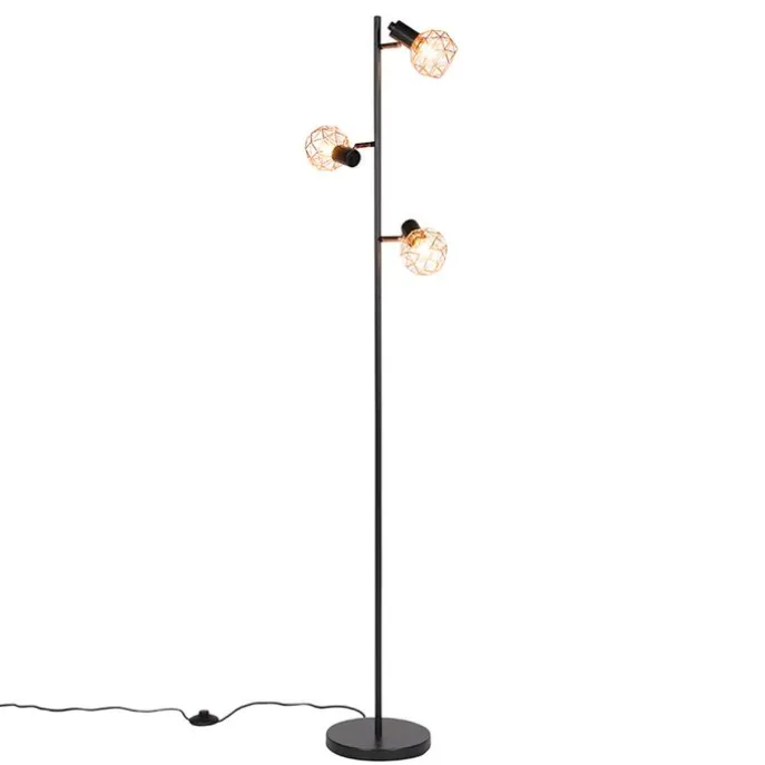 Vloerlamp zwart met koper 3-lichts - Mesh