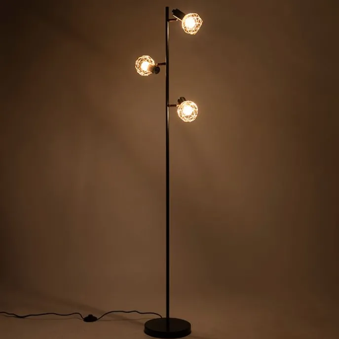 Vloerlamp zwart met koper 3-lichts - Mesh
