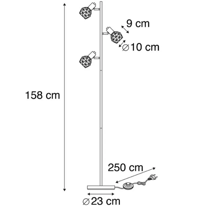 Vloerlamp zwart met koper 3-lichts - Mesh
