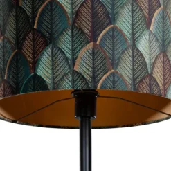 Vloerlamp zwart met velours lampenkap blad dessin met gouden binnenkant - Simplo