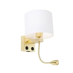 Wandlamp goud met USB en kap wit 18 cm - Brescia Combi