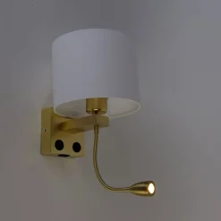 Wandlamp goud met USB en kap wit 18 cm - Brescia Combi
