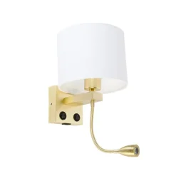 Wandlamp goud met USB en kap wit 18 cm - Brescia Combi