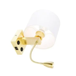 Wandlamp goud met USB en kap wit 18 cm - Brescia Combi