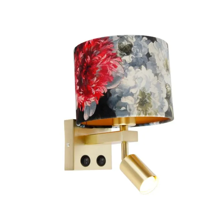 Wandlamp messing met leeslamp en kap 18 cm bloemen - Brescia