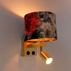 Wandlamp messing met leeslamp en kap 18 cm bloemen - Brescia