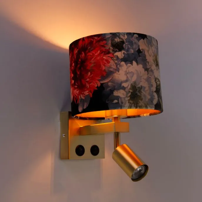 Wandlamp messing met leeslamp en kap 18 cm bloemen - Brescia