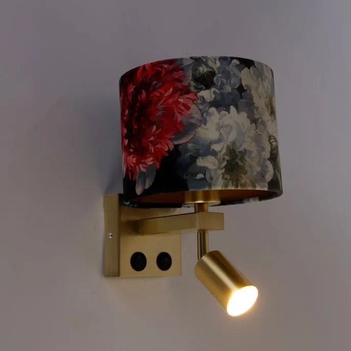 Wandlamp messing met leeslamp en kap 18 cm bloemen - Brescia