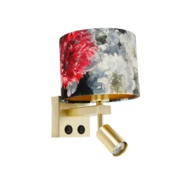 Wandlamp messing met leeslamp en kap 18 cm bloemen - Brescia