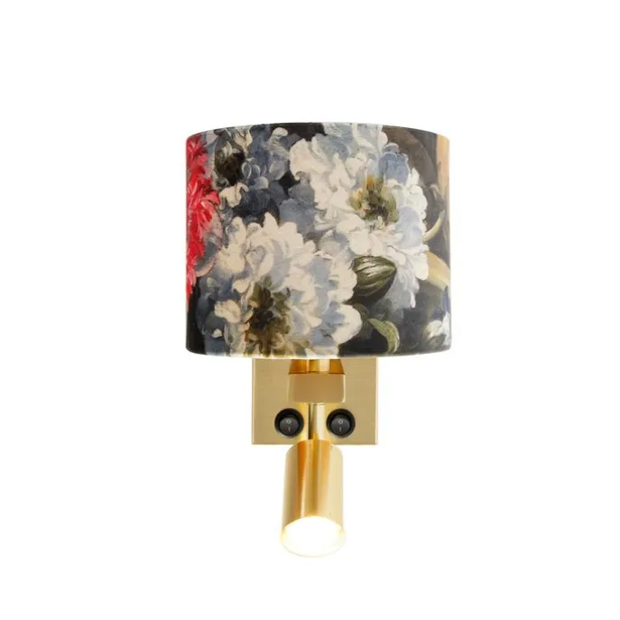 Wandlamp messing met leeslamp en kap 18 cm bloemen - Brescia