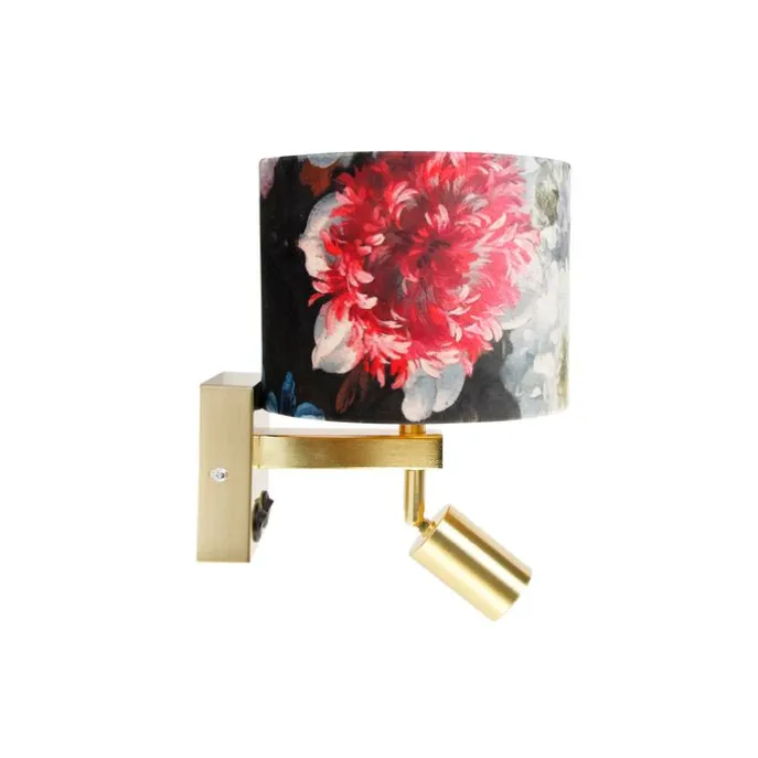 Wandlamp messing met leeslamp en kap 18 cm bloemen - Brescia