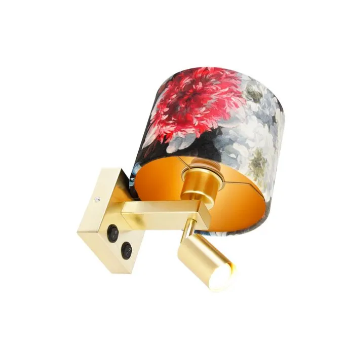 Wandlamp messing met leeslamp en kap 18 cm bloemen - Brescia