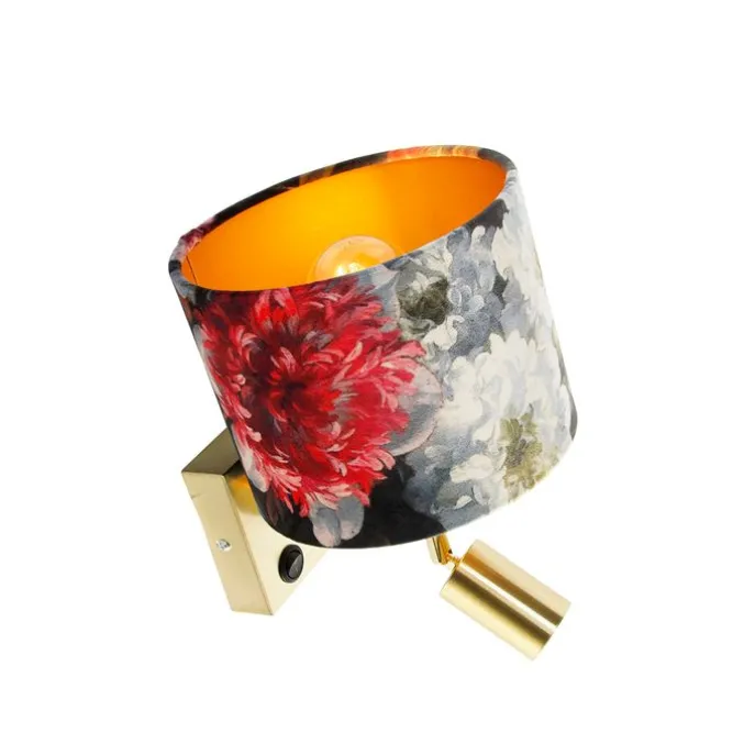 Wandlamp messing met leeslamp en kap 18 cm bloemen - Brescia