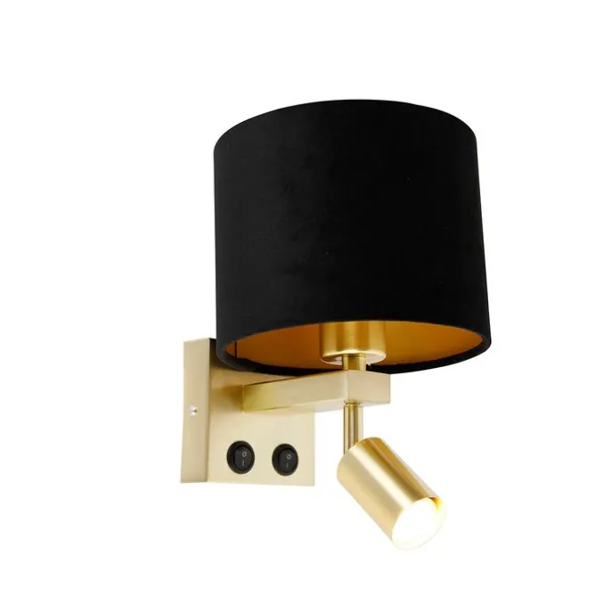 Wandlamp messing met leeslamp en kap 18 cm zwart - Brescia