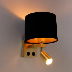 Wandlamp messing met leeslamp en kap 18 cm zwart - Brescia