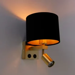 Wandlamp messing met leeslamp en kap 18 cm zwart - Brescia