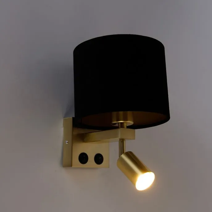 Wandlamp messing met leeslamp en kap 18 cm zwart - Brescia