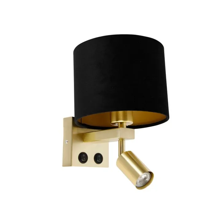 Wandlamp messing met leeslamp en kap 18 cm zwart - Brescia