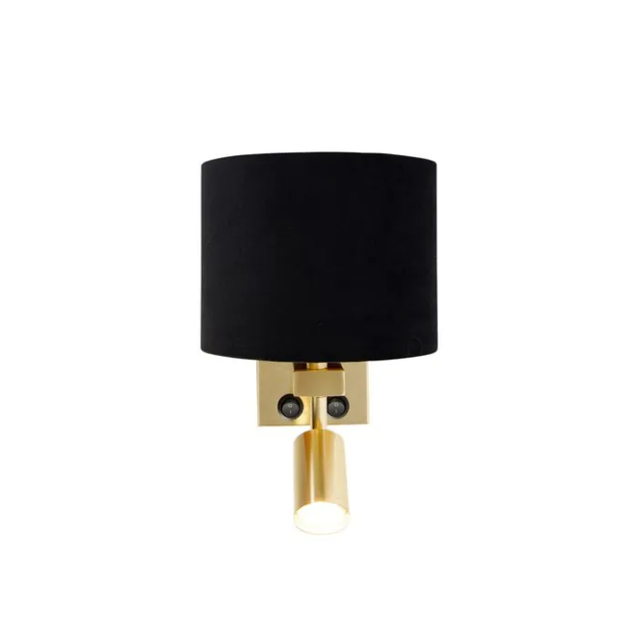Wandlamp messing met leeslamp en kap 18 cm zwart - Brescia