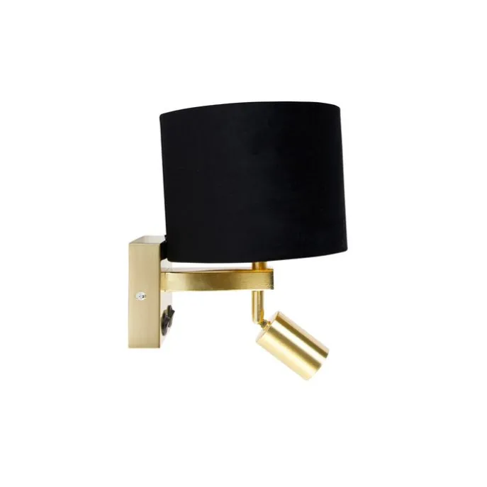 Wandlamp messing met leeslamp en kap 18 cm zwart - Brescia