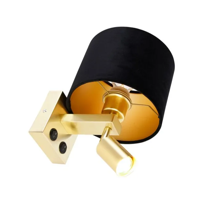 Wandlamp messing met leeslamp en kap 18 cm zwart - Brescia