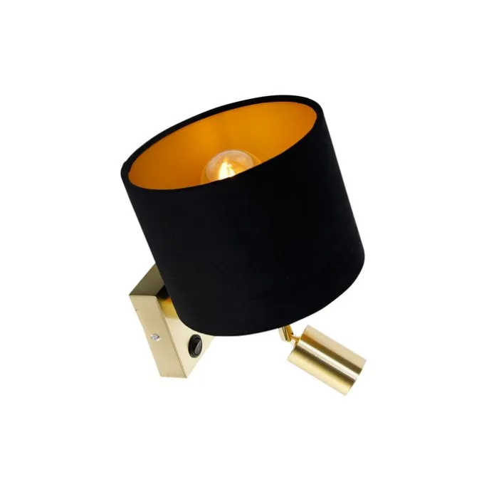 Wandlamp messing met leeslamp en kap 18 cm zwart - Brescia