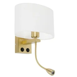Wandlamp messing met ovale linnen kap wit 25cm - Brescia Combi