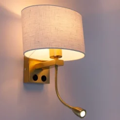 Wandlamp messing met ovale linnen kap wit 25cm - Brescia Combi