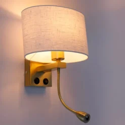 Wandlamp messing met ovale linnen kap wit 25cm - Brescia Combi