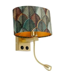 Wandlamp messing met ovale velours kap blad design 25cm - Brescia Combi