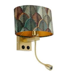 Wandlamp messing met ovale velours kap blad design 25cm - Brescia Combi