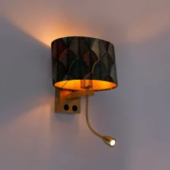 Wandlamp messing met ovale velours kap blad design 25cm - Brescia Combi