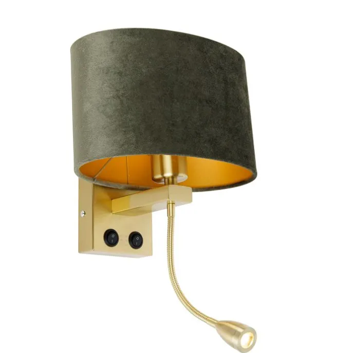 Wandlamp messing met ovale velours kap groen 25cm - Brescia Combi