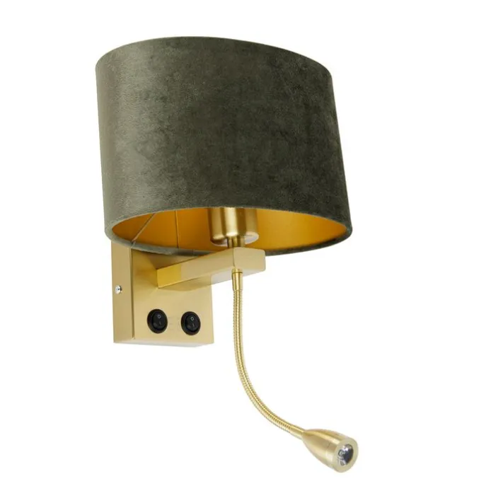 Wandlamp messing met ovale velours kap groen 25cm - Brescia Combi