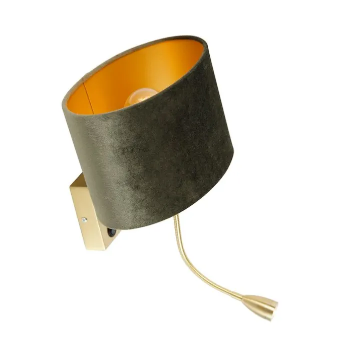 Wandlamp messing met ovale velours kap groen 25cm - Brescia Combi