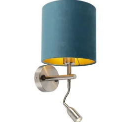 Wandlamp staal met leeslamp en kap velours 20/20/20 blauw