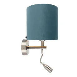 Wandlamp staal met leeslamp en kap velours 20/20/20 blauw