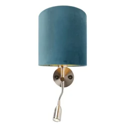 Wandlamp staal met leeslamp en kap velours 20/20/20 blauw